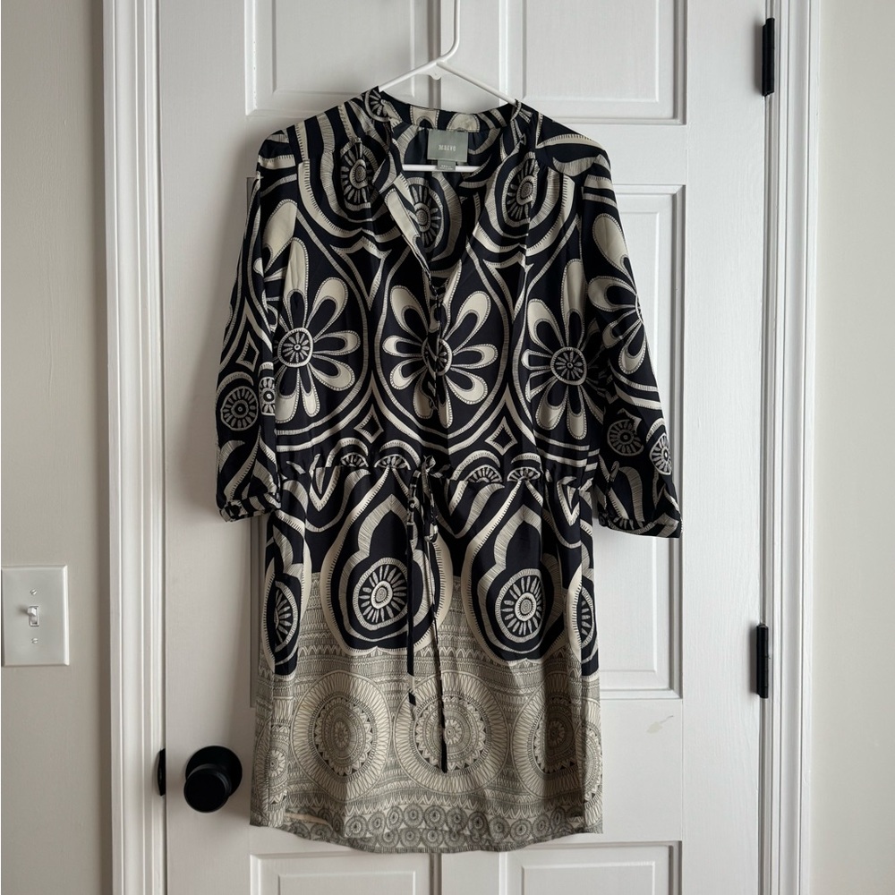 Maeve / Anthropologie Retro Patterned Dress | Navy Blue | Drawstring Waist